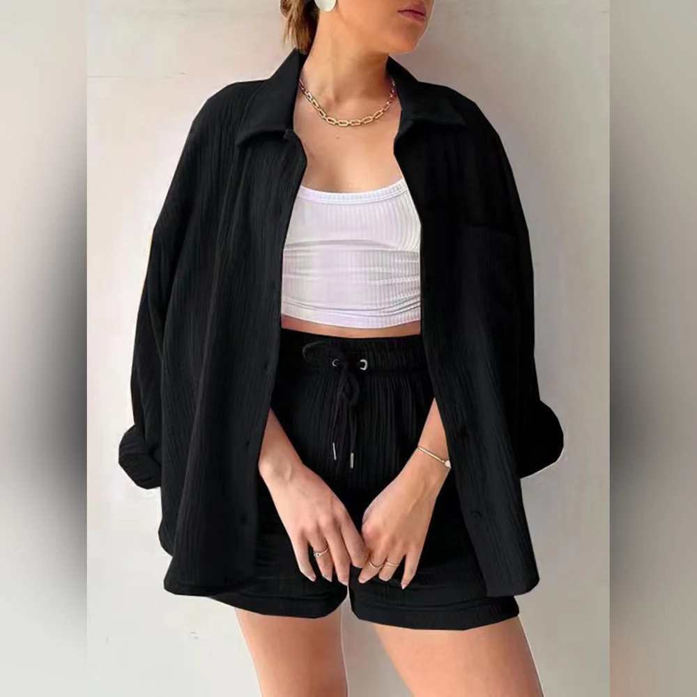 Texture Button Up Shirt and Drawstring Shorts Set - Picture 3 of 4